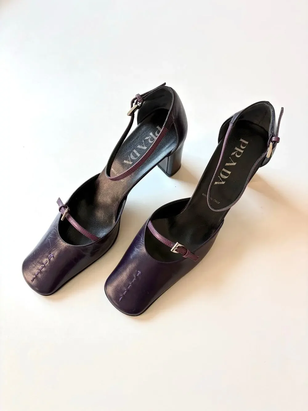Vintage Prada aubergine strappy Mary Jane heels